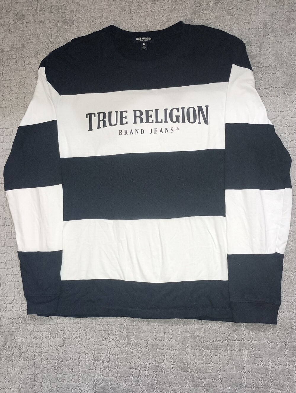 True Religion Black and White Striped Logo Long Sleeve Tee